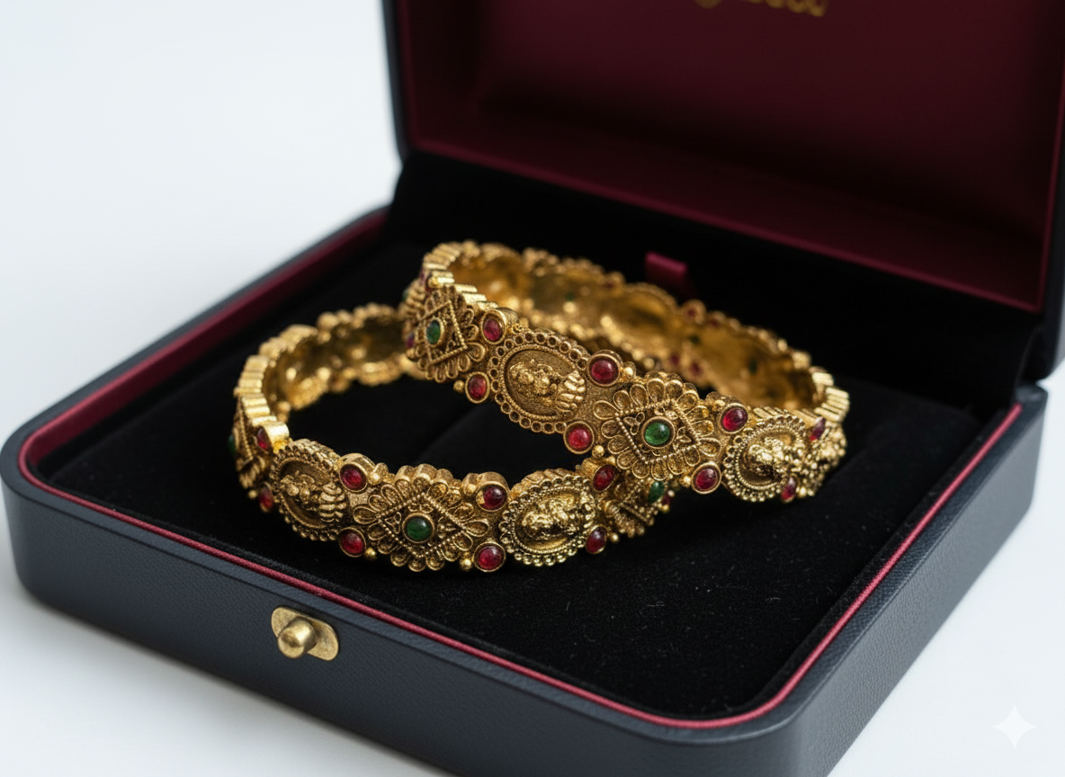 Antique Gold-Plated Temple Design Bangles with Red & Green Stones – Traditional Indian Jewelry