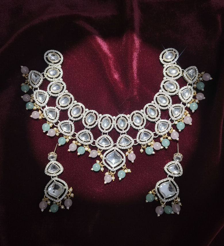 Elegant Kundan Necklace Set with Pastel Beads Traditional Party Wear Jewellery Set 1152 MINT PINK