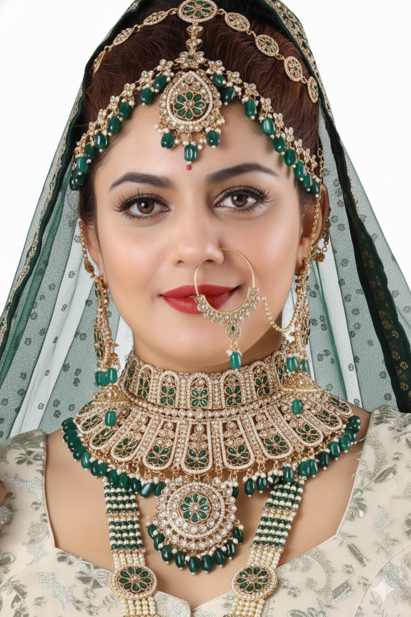 Exquisite Emerald Green &amp; Gold Bridal Jewellery Set 1011