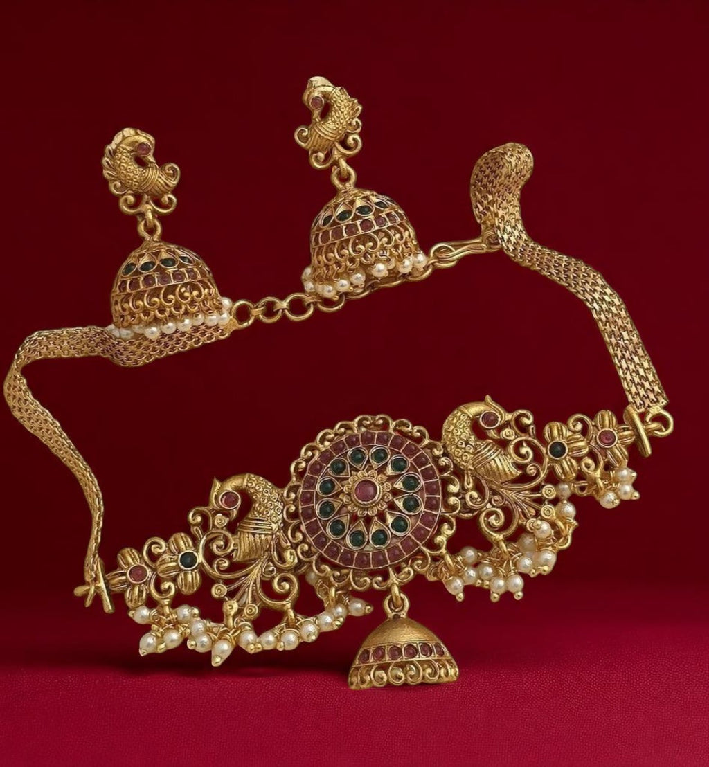 Traditional Temple Jewellery Choker Set for Women – Gold Plated Peacock Design Necklace with Jhumka Earrings & Pearls