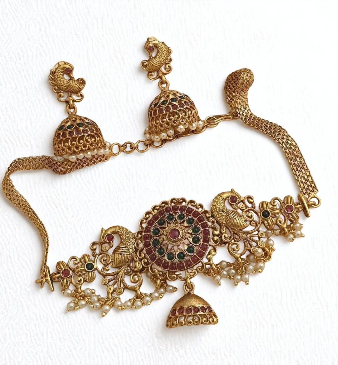 Traditional Temple Jewellery Choker Set for Women – Gold Plated Peacock Design Necklace with Jhumka Earrings & Pearls