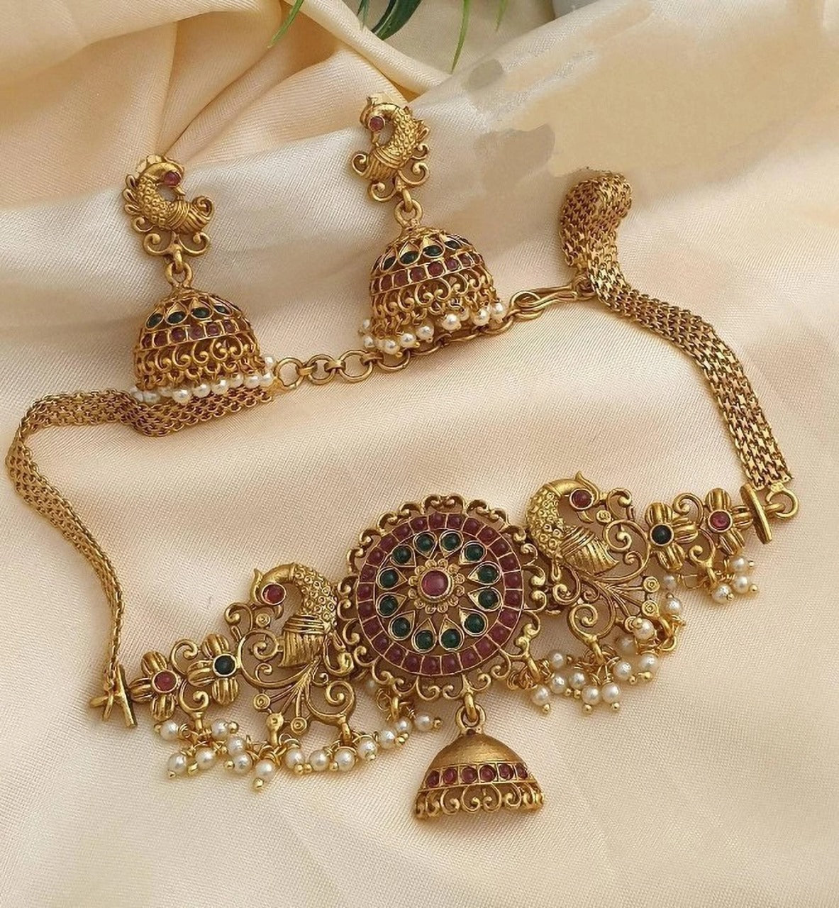 Traditional Temple Jewellery Choker Set for Women – Gold Plated Peacock Design Necklace with Jhumka Earrings & Pearls
