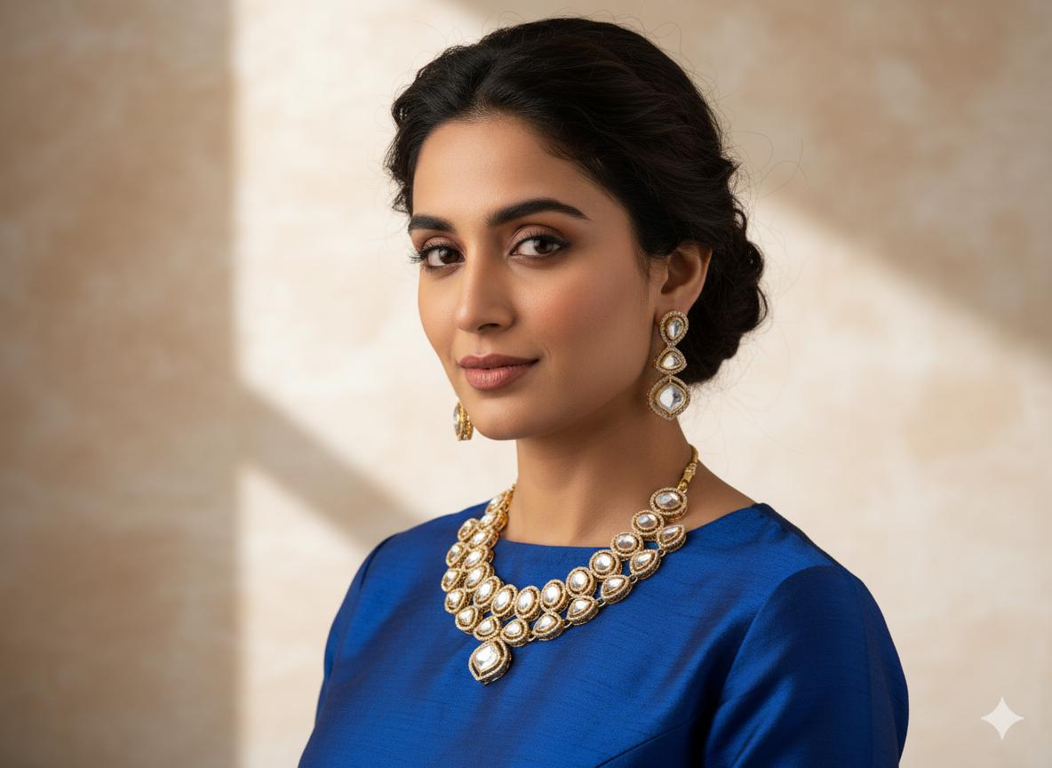 Luxury Kundan Bridal Necklace Set Gold Plated Polki Choker with Matching Earrings