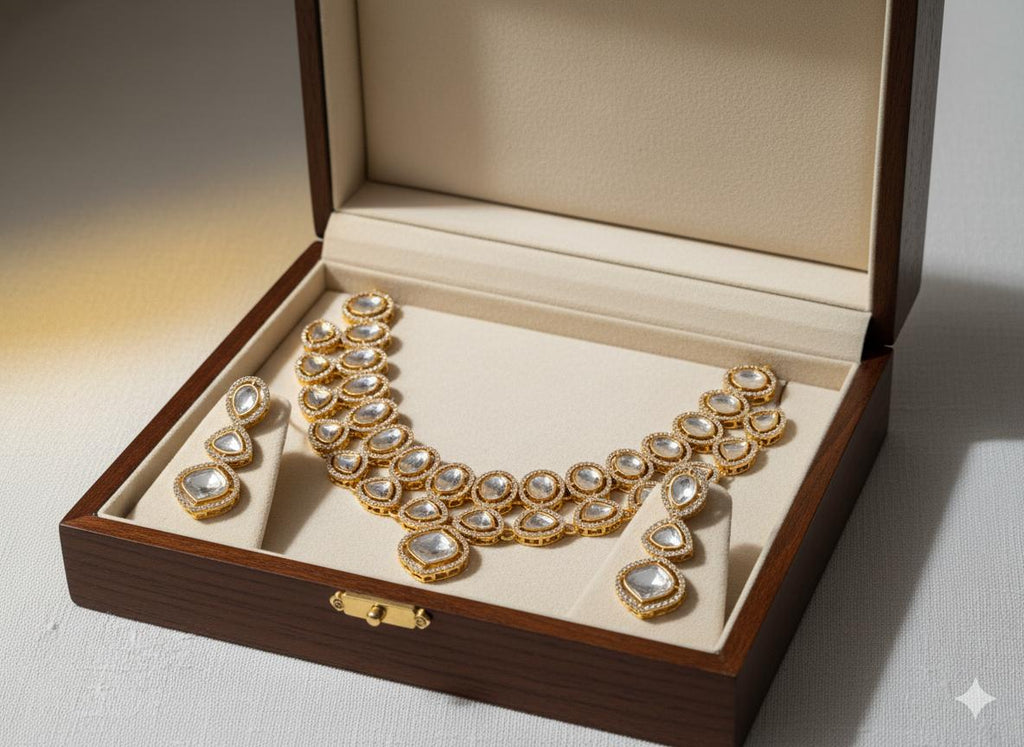 Luxury Kundan Bridal Necklace Set Gold Plated Polki Choker with Matching Earrings