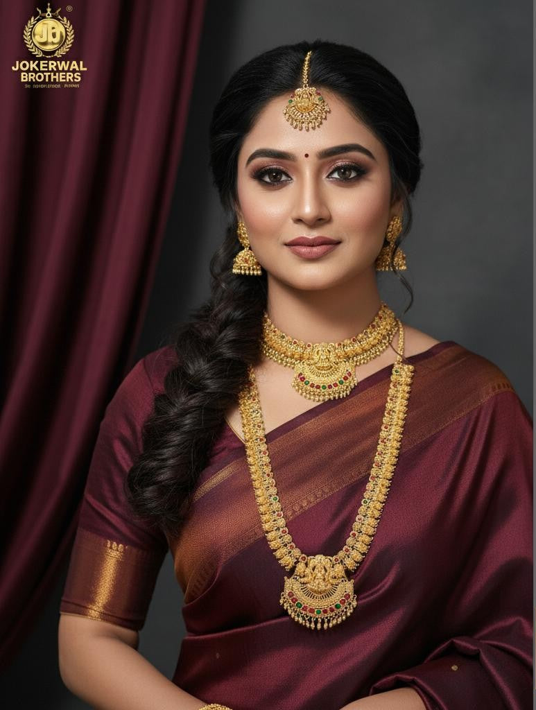 Traditional South Indian Gold-Plated Bridal Jewellery Set for Women – Necklace, Long Haram, Earrings & Maang Tikka by Jokerwal Brothers