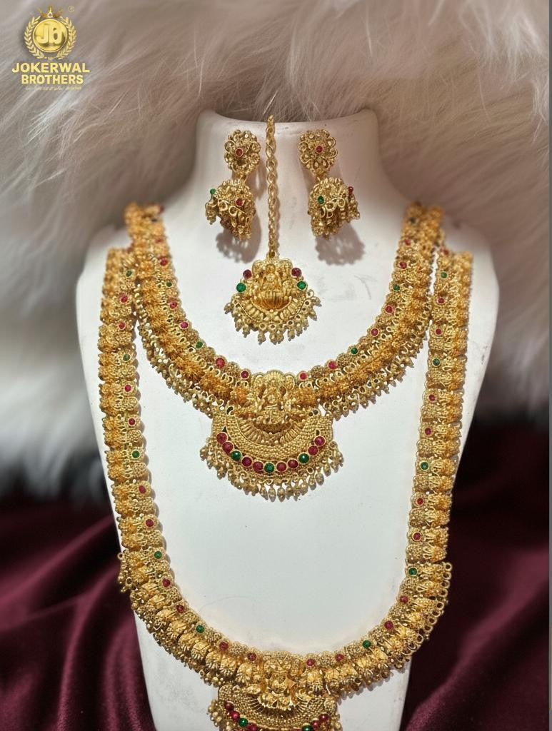 Traditional South Indian Gold-Plated Bridal Jewellery Set for Women – Necklace, Long Haram, Earrings & Maang Tikka by Jokerwal Brothers