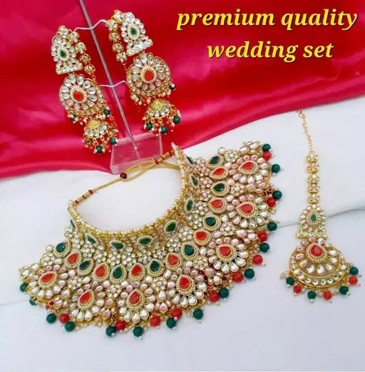 Traditional Kundan Bridal Jewellery Set for Women – Gold Plated Choker Necklace with Earrings & Maang Tikka Multicolour