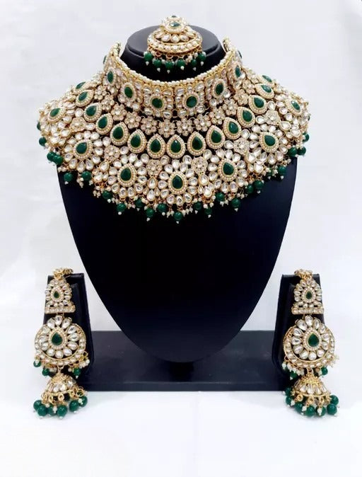 Traditional Kundan Bridal Jewellery Set for Women – Gold Plated Choker Necklace with Earrings & Maang Tikka (GREEN COLOUR)