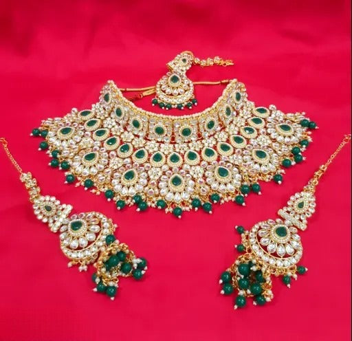 Traditional Kundan Bridal Jewellery Set for Women – Gold Plated Choker Necklace with Earrings & Maang Tikka (GREEN COLOUR)