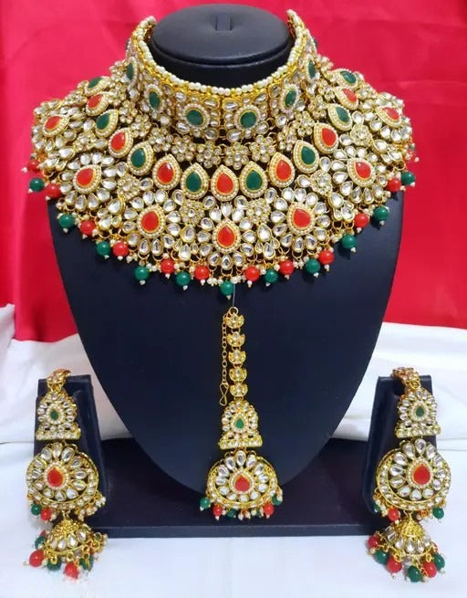 Traditional Kundan Bridal Jewellery Set for Women – Gold Plated Choker Necklace with Earrings & Maang Tikka Multicolour