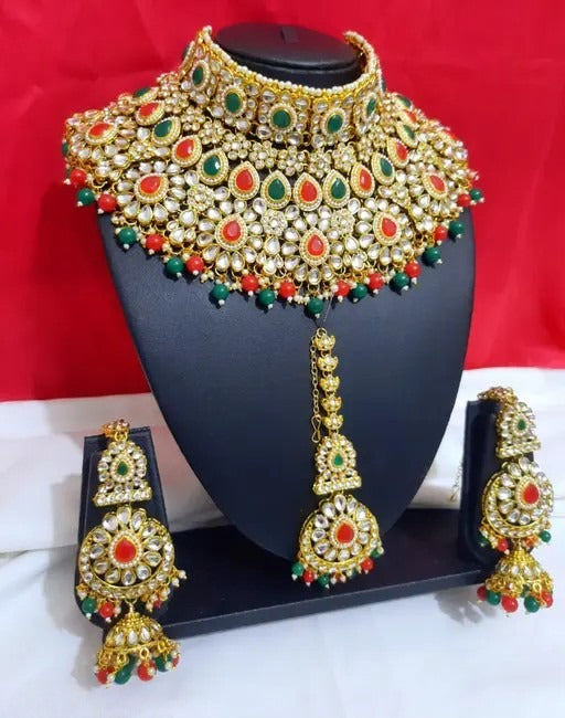 Traditional Kundan Bridal Jewellery Set for Women – Gold Plated Choker Necklace with Earrings & Maang Tikka Multicolour