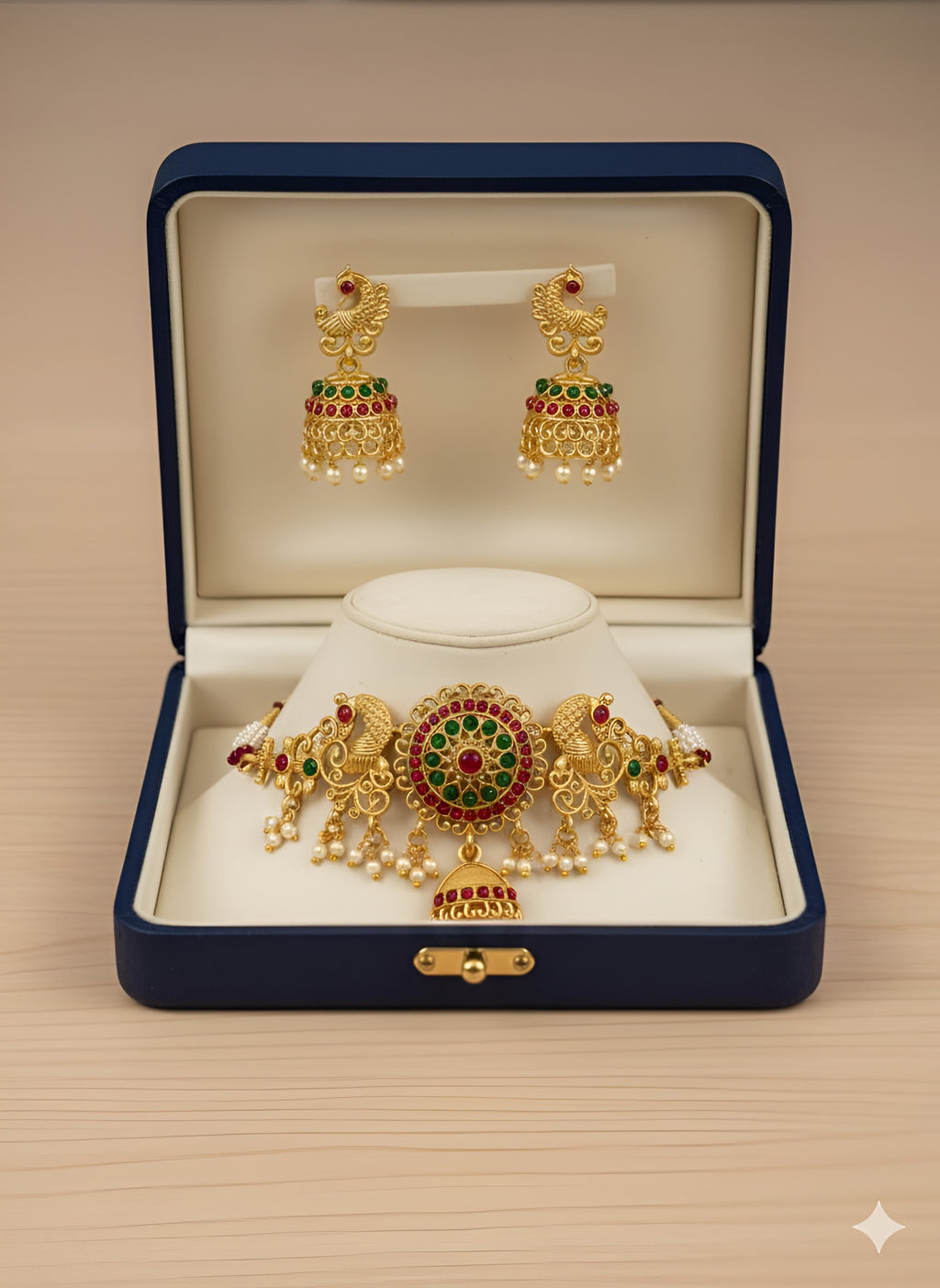 Traditional Temple Jewellery Choker Set for Women – Gold Plated Peacock Design Necklace with Jhumka Earrings & Pearls