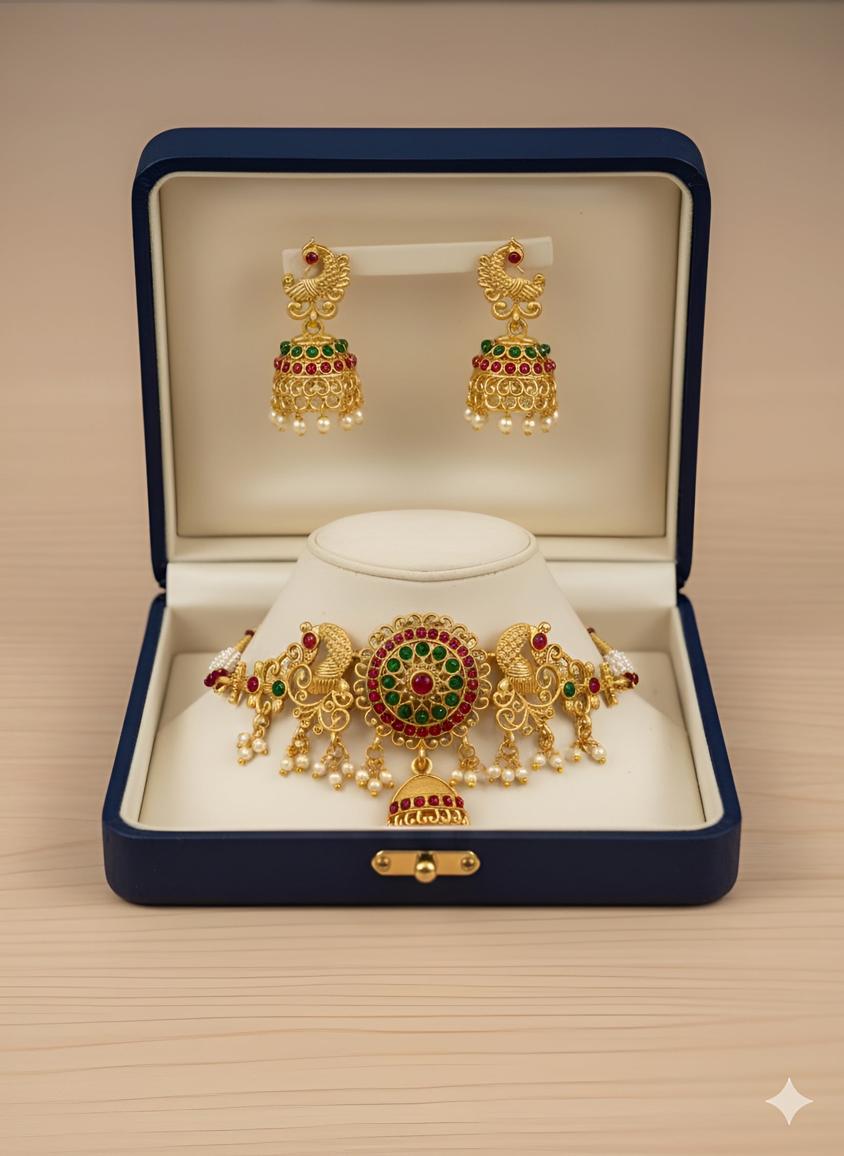Traditional Temple Jewellery Choker Set for Women – Gold Plated Peacock Design Necklace with Jhumka Earrings & Pearls