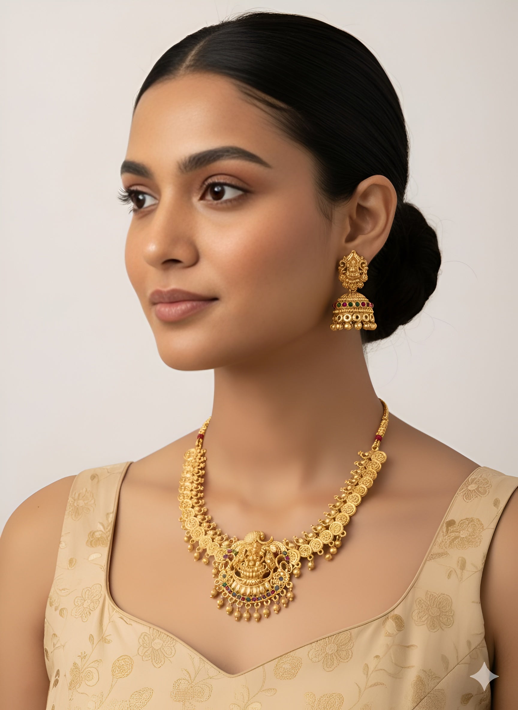 Antique Temple Jewellery Choker Necklace Set for Women – Gold Plated Lakshmi Design with Jhumka Earrings