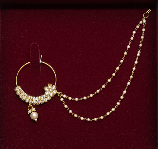 Elegant Gold-Plated Pearl Nath with Double Chain for Women