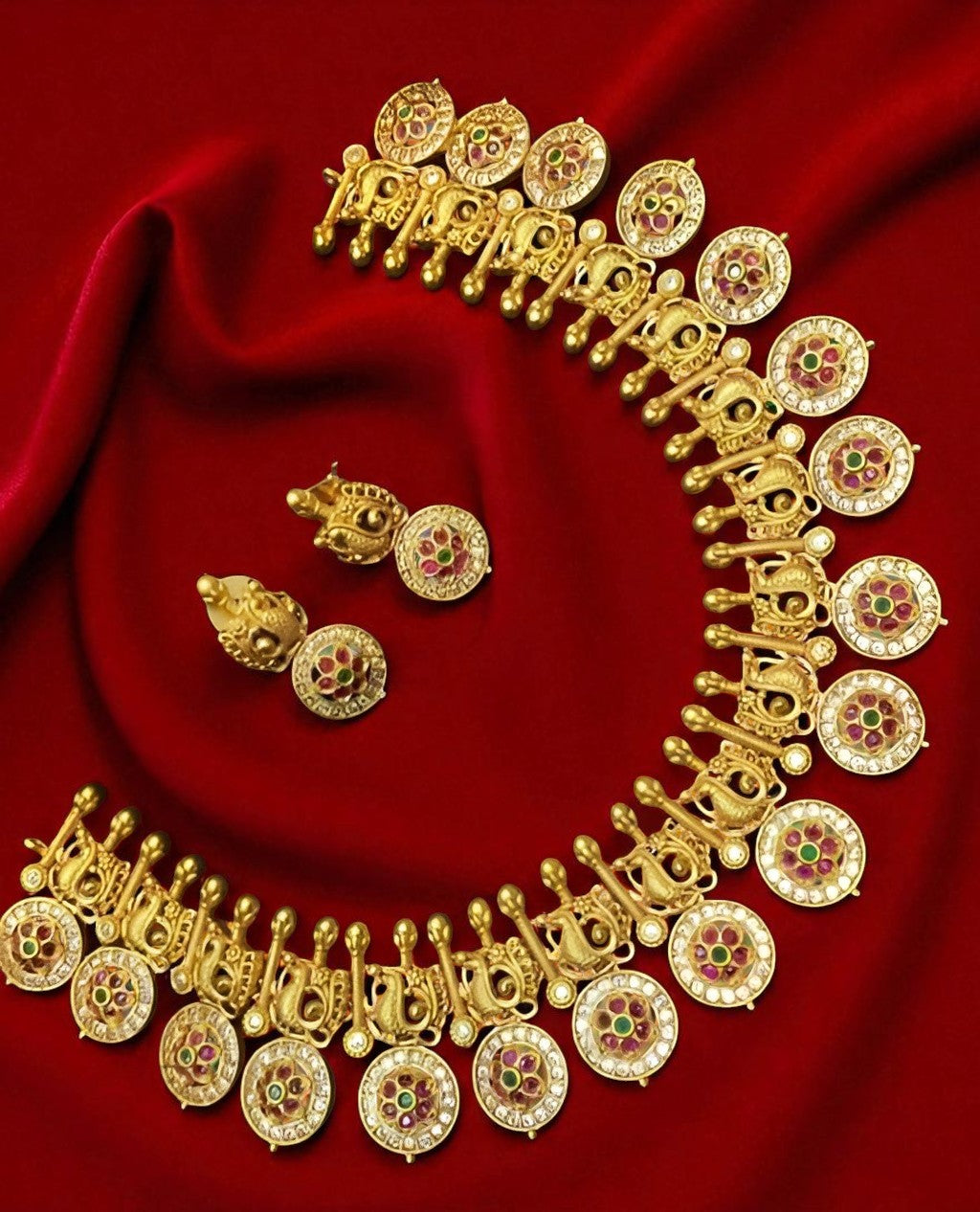 Antique Temple Jewellery Necklace Set for Women – Gold Plated Traditional Lakshmi Coin Design with Earrings