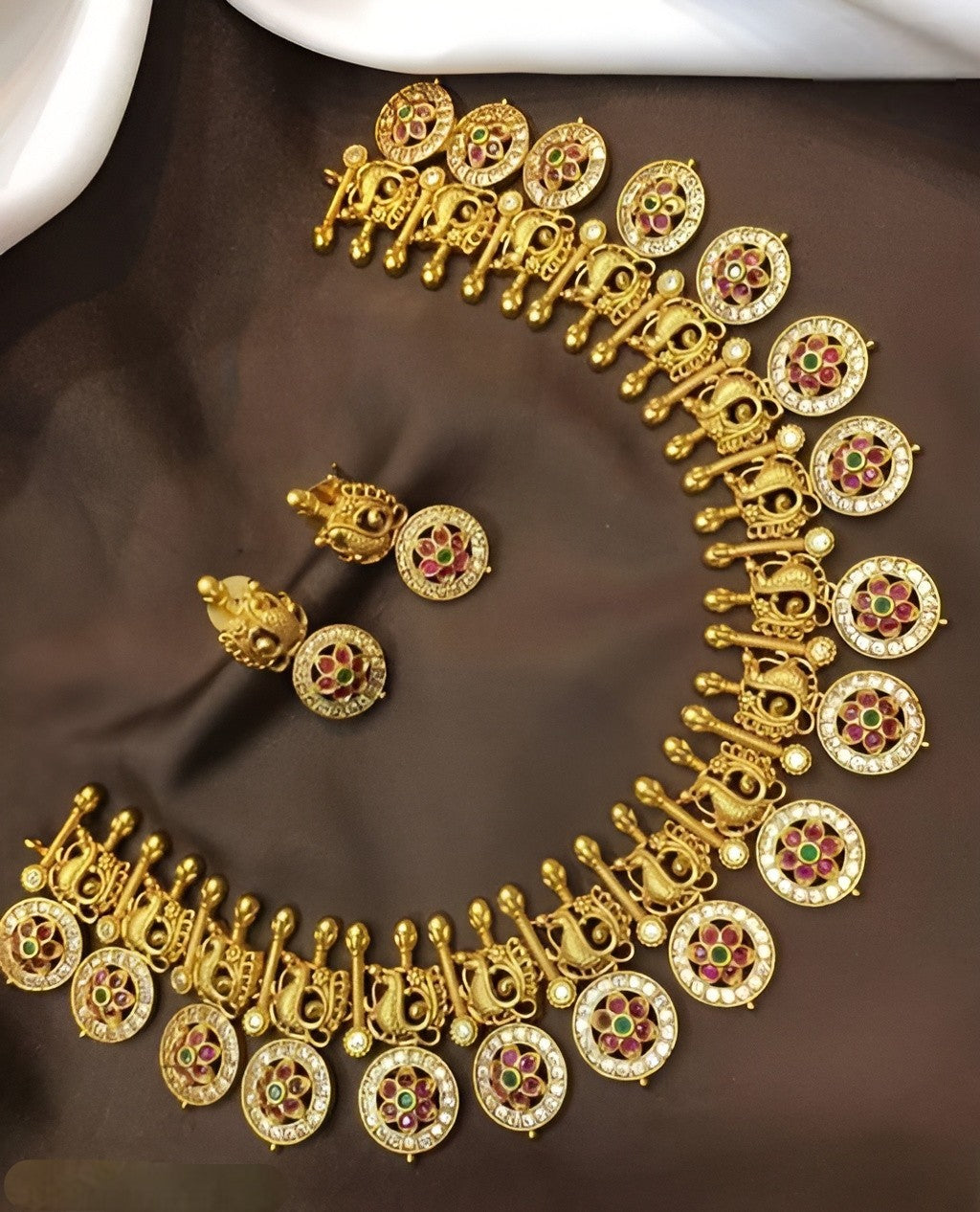 Antique Temple Jewellery Necklace Set for Women – Gold Plated Traditional Lakshmi Coin Design with Earrings