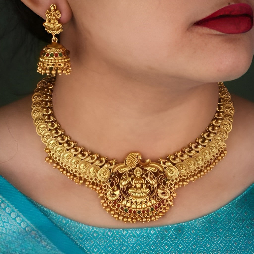Antique Temple Jewellery Choker Necklace Set for Women – Gold Plated Lakshmi Design with Jhumka Earrings