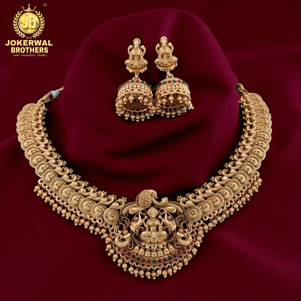Antique Temple Jewellery Choker Necklace Set for Women – Gold Plated Lakshmi Design with Jhumka Earrings