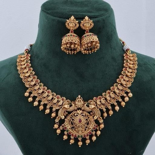 Antique Temple Jewellery Necklace Set for Women – Gold Plated Goddess Lakshmi Design with Jhumka Earrings