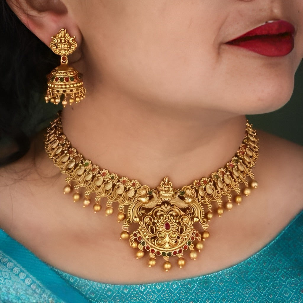 Antique Temple Jewellery Necklace Set for Women – Gold Plated Goddess Lakshmi Design with Jhumka Earrings