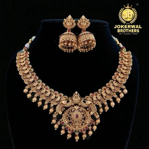 Antique Temple Jewellery Necklace Set for Women – Gold Plated Goddess Lakshmi Design with Jhumka Earrings