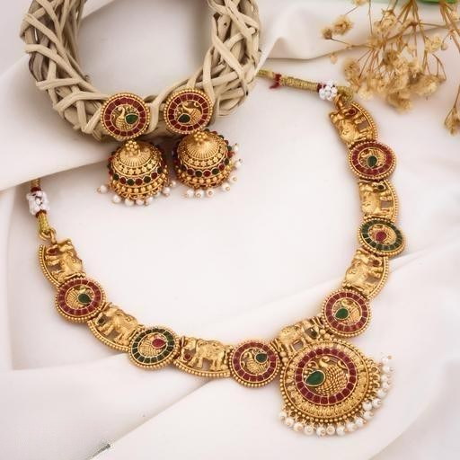 Antique Temple Jewellery Necklace Set for Women – Gold Plated Elephant Design with Jhumka Earrings