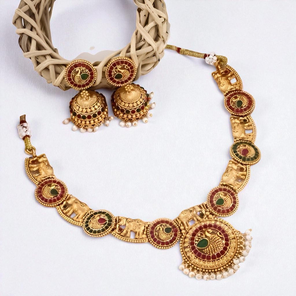 Antique Temple Jewellery Necklace Set for Women – Gold Plated Elephant Design with Jhumka Earrings