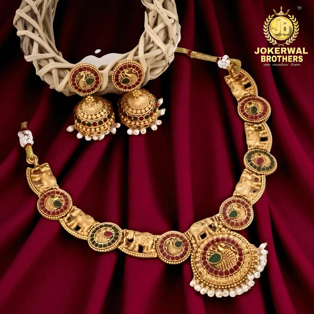 Antique Temple Jewellery Necklace Set for Women – Gold Plated Elephant Design with Jhumka Earrings